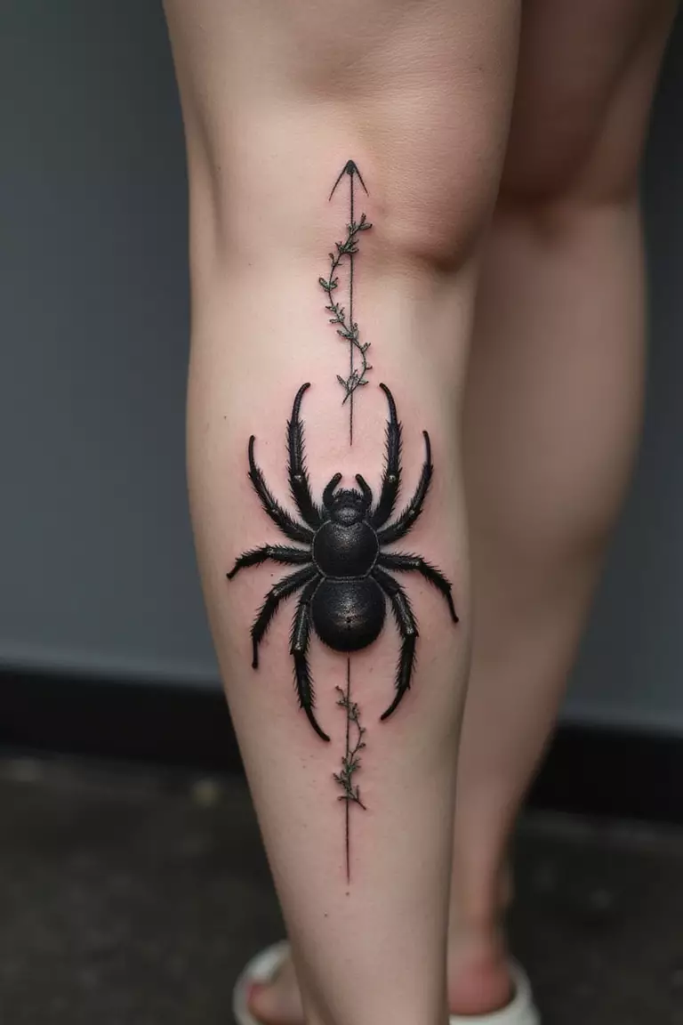 Tarantula Leg Tattoo A close-up shot of a woman showing her black ink large tarantula tattoo design crawling up her calf muscle on her leg