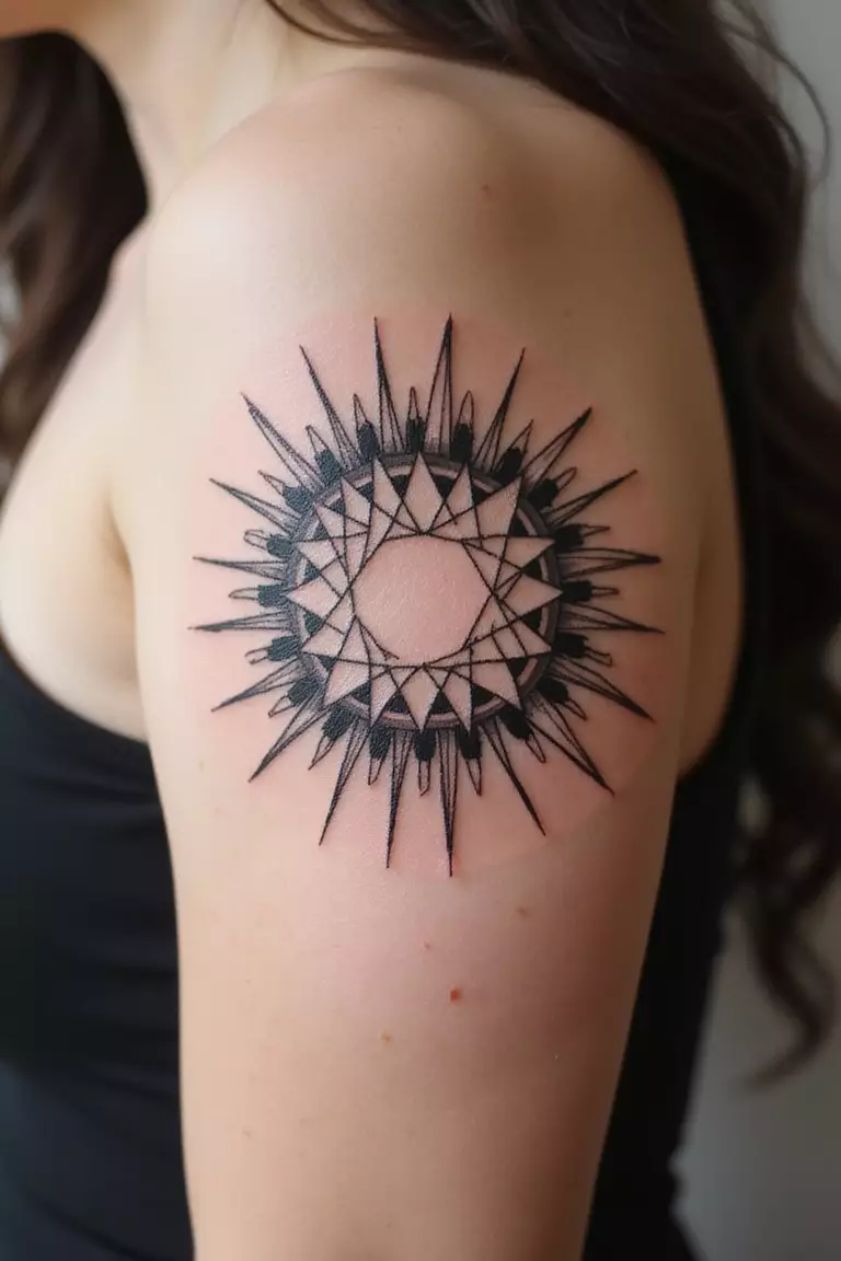 Geometric Sun A close-up shot of a woman showing her black ink geometric sun made of triangles and straight lines tattoo design on her arm