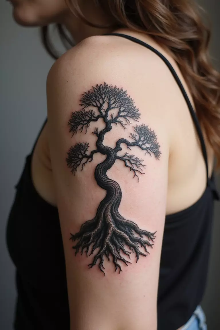 Old, Gnarled Bonsai A close-up shot of a woman showing her black ink very old, gnarled bonsai tree with thick, twisted trunk tattoo design on her arm
