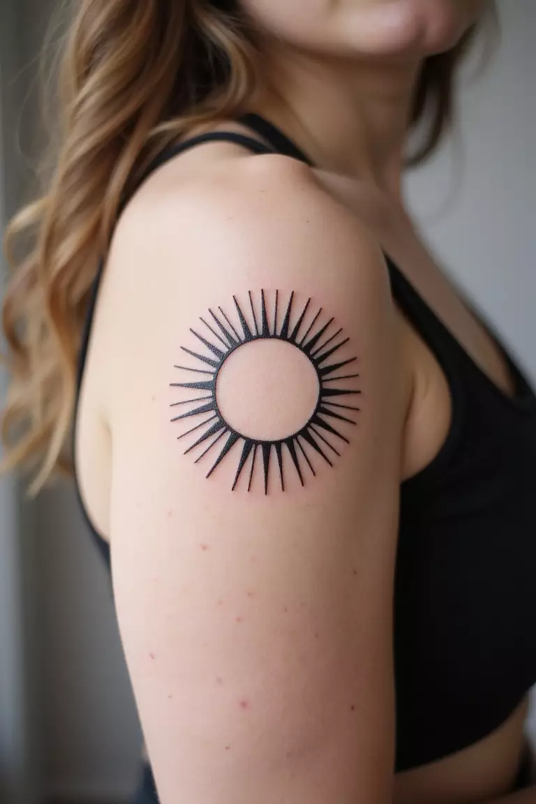 Minimalist Sun A close-up shot of a woman showing her black ink minimalist sun outline with rays tattoo design on her arm