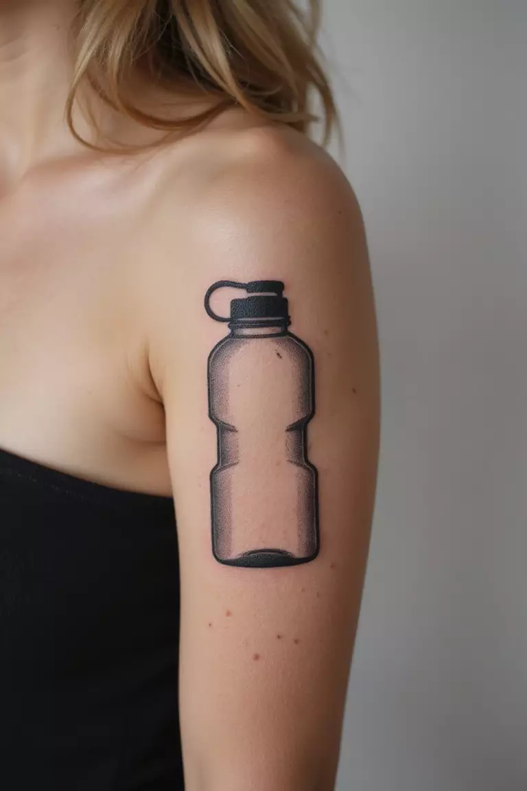 Water Bottle Hydration Pack A close-up shot of a woman showing her black ink outline of a classic Nalgene-style water bottle tattoo design on her arm