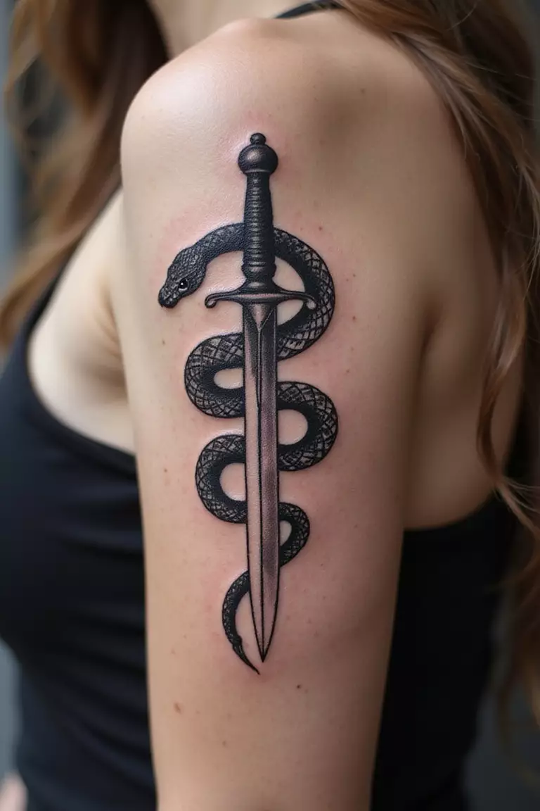 Snake And Dagger A close-up shot of a woman showing her black ink snake and dagger tattoo design on her arm, with the snake coiled around a sharp dagger.