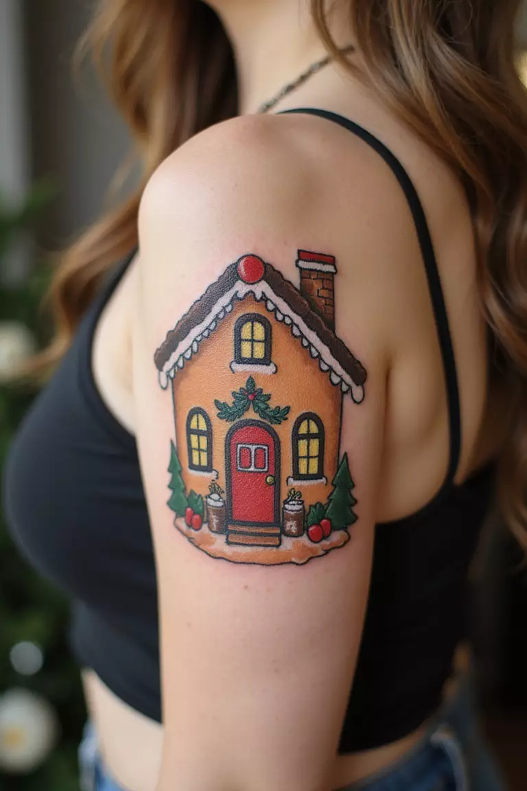 Gingerbread House A close-up shot of a woman showing her black ink cute gingerbread house tattoo on her arm.
