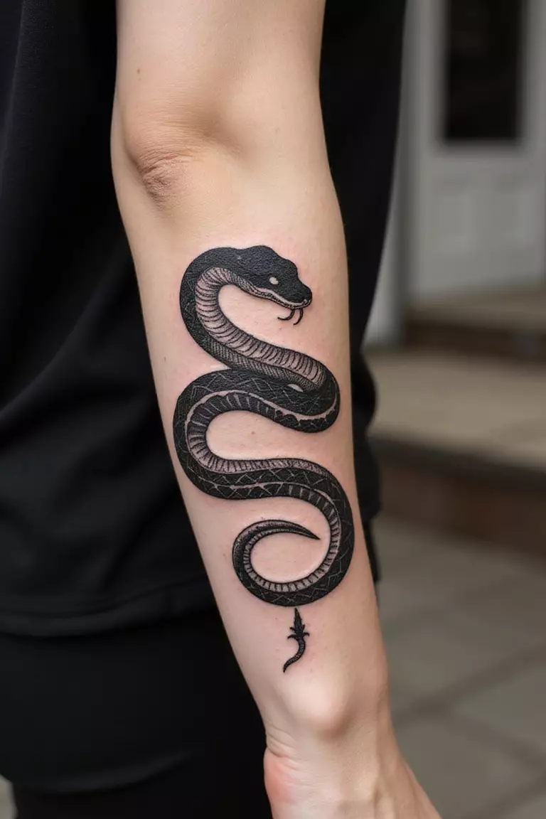 Coiled Snake Ready To Strike A close-up shot of a woman showing her black ink traditional coiled-snake-ready-to-strike tattoo design on her arm