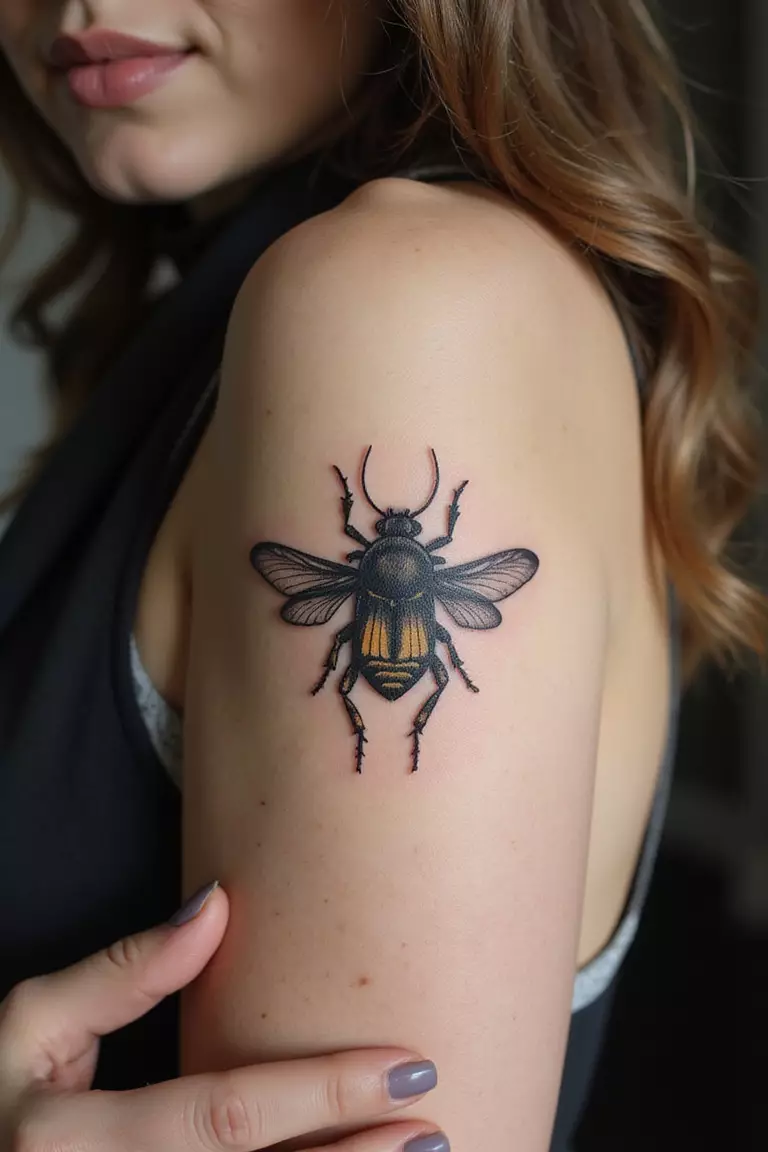 Single Needle Detail A close-up shot of a woman showing her black ink single needle detail tattoo design of a tiny, hyper-detailed insect on her arm