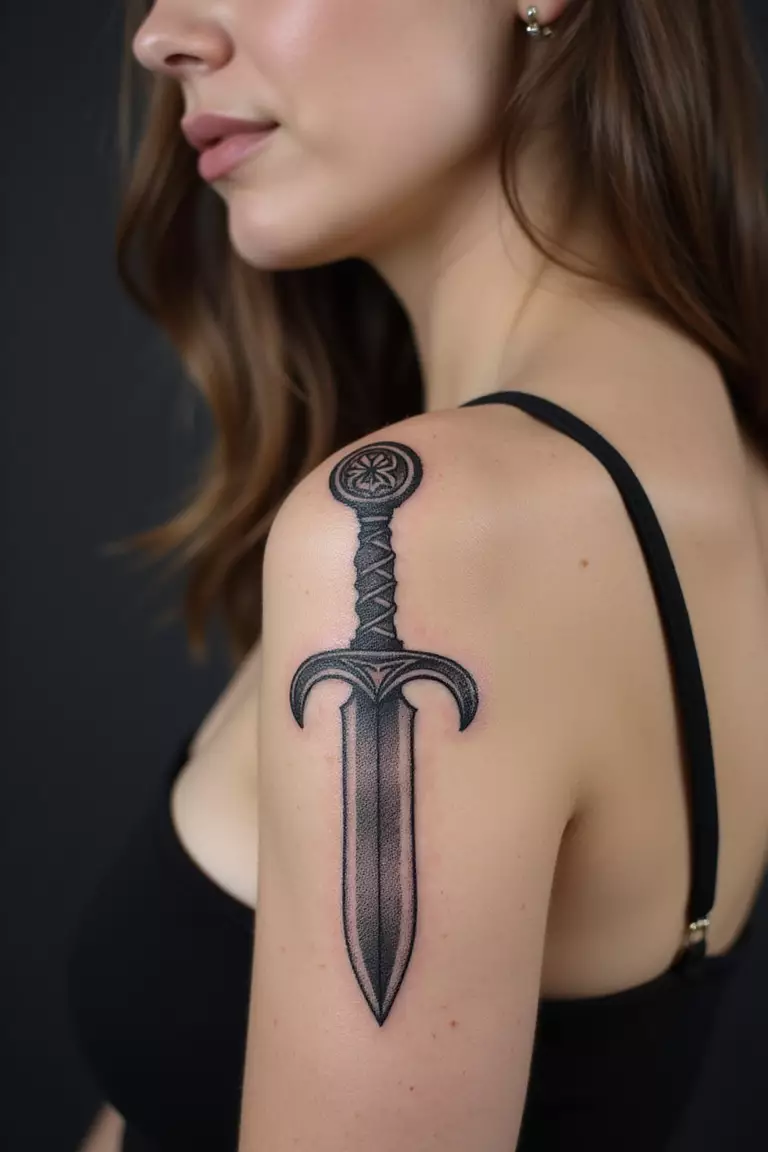 Ornamental Dagger A close-up shot of a woman showing her black ink ornamental dagger tattoo on her arm.