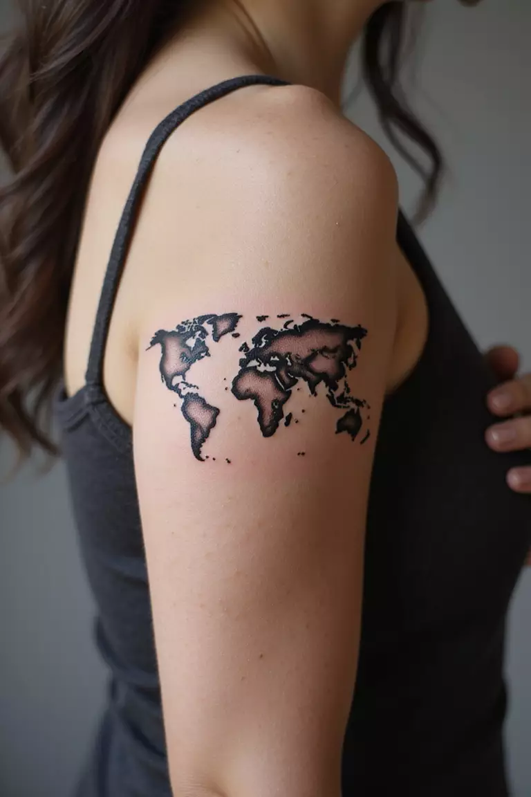 World Map Outline A close-up shot of a woman showing her black ink world map outline tattoo design on her arm