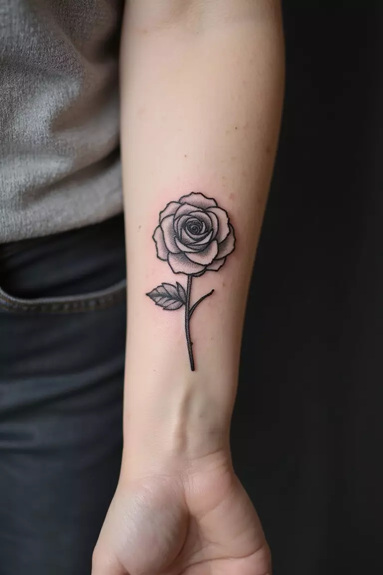 Single Line Rose A close-up shot of a woman showing her black ink single continuous line rose tattoo on her arm.
