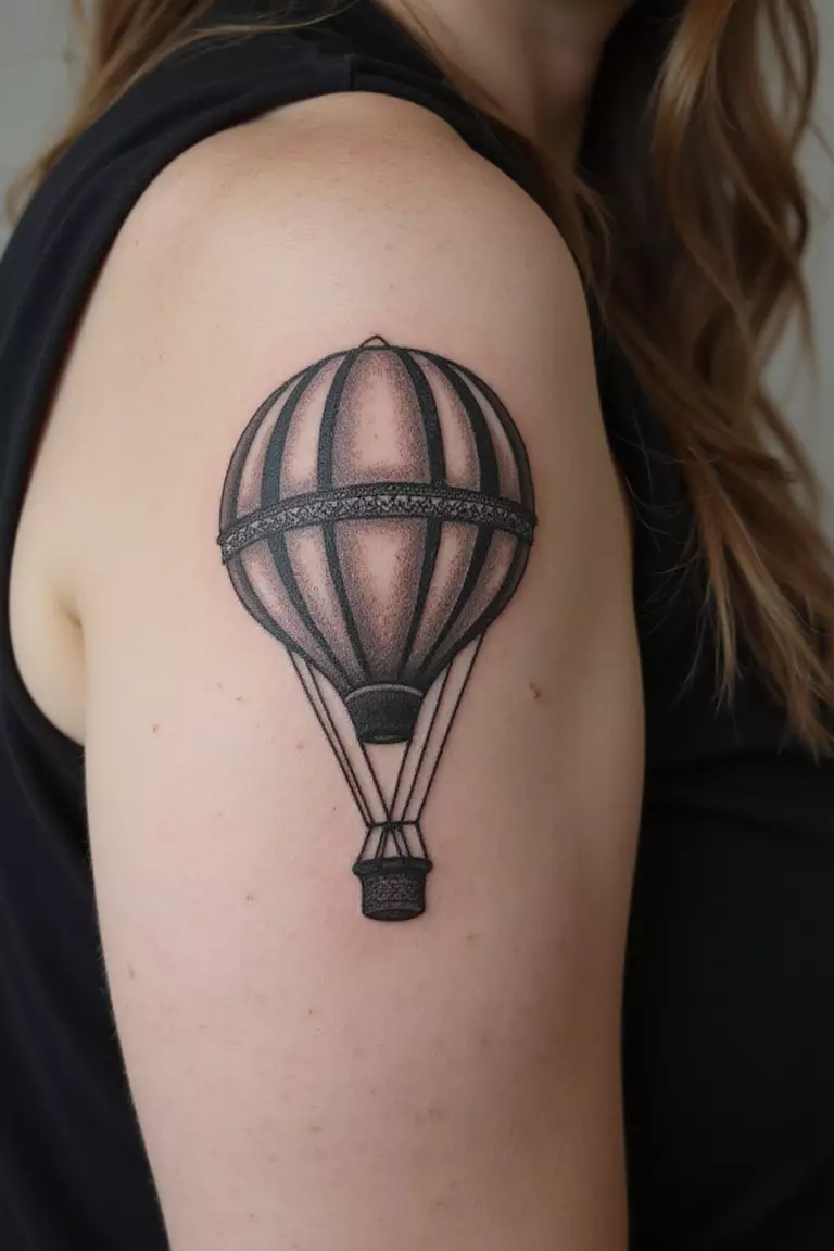 Hot Air Balloon A close-up shot of a woman showing her black ink hot air balloon tattoo design on her arm