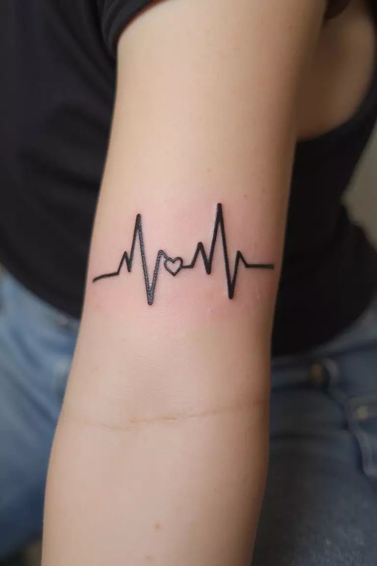 Heartbeat Line A close-up shot of a woman's arm with a black ink tattoo of an EKG heartbeat line with a small heart integrated into it.
