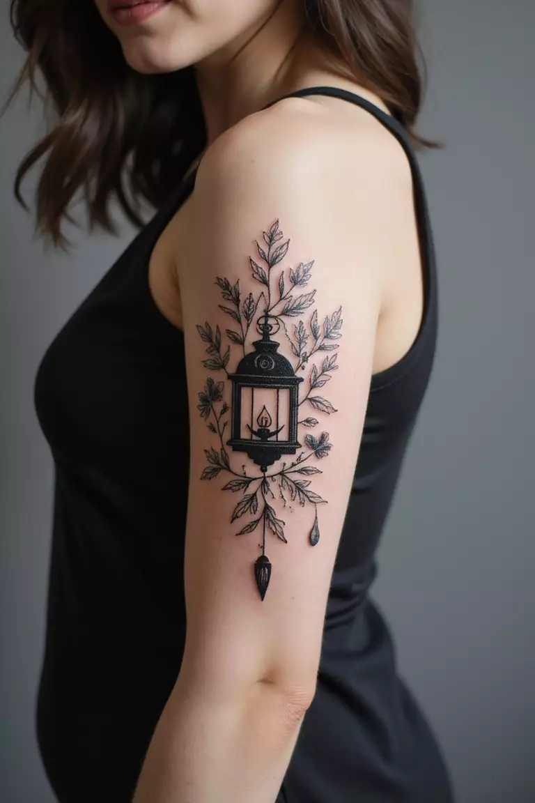 Floral Lantern A close up shot of woman's arm with a black ink floral lantern tattoo