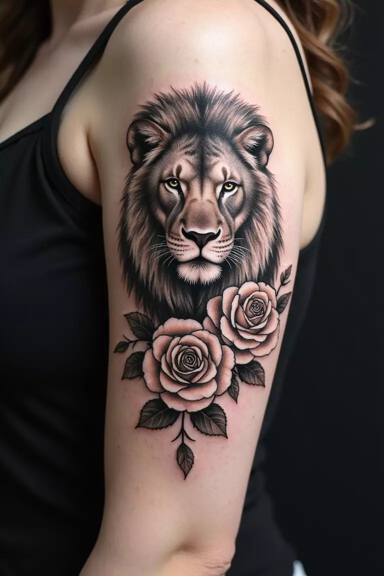 Lion With Floral Accents A close-up shot of a woman's arm with a black ink tattoo of a lion's face intertwined with blooming roses and leaves.