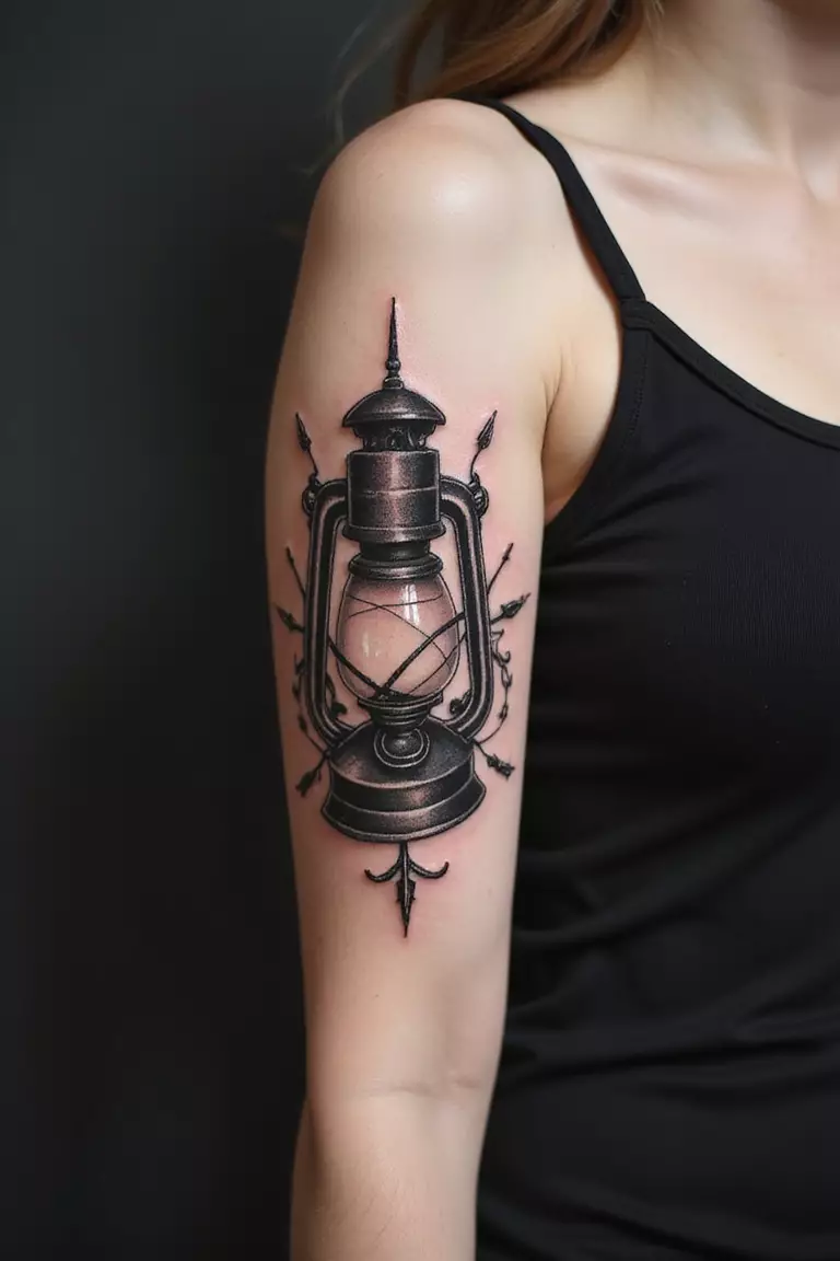 Steampunk Lantern A close up shot of woman's arm with a black ink steampunk lantern tattoo