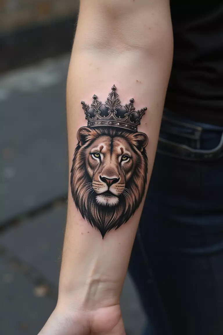 Lion With A Crown A close-up shot of a woman's arm with a black ink tattoo of a regal lion wearing an ornate crown.