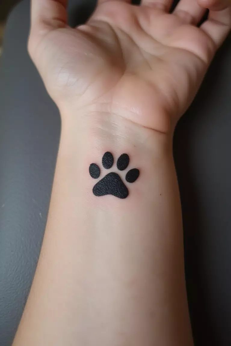 Dog Paw Print A close-up shot of a woman's arm with a black ink tattoo of a single, realistic-looking dog paw print.