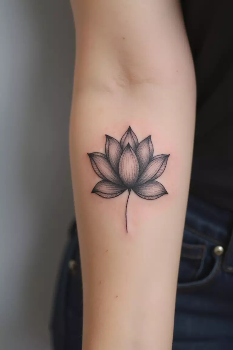 Lotus Flower A close-up shot of a woman's arm with a black ink tattoo of an open lotus flower with delicate linework.