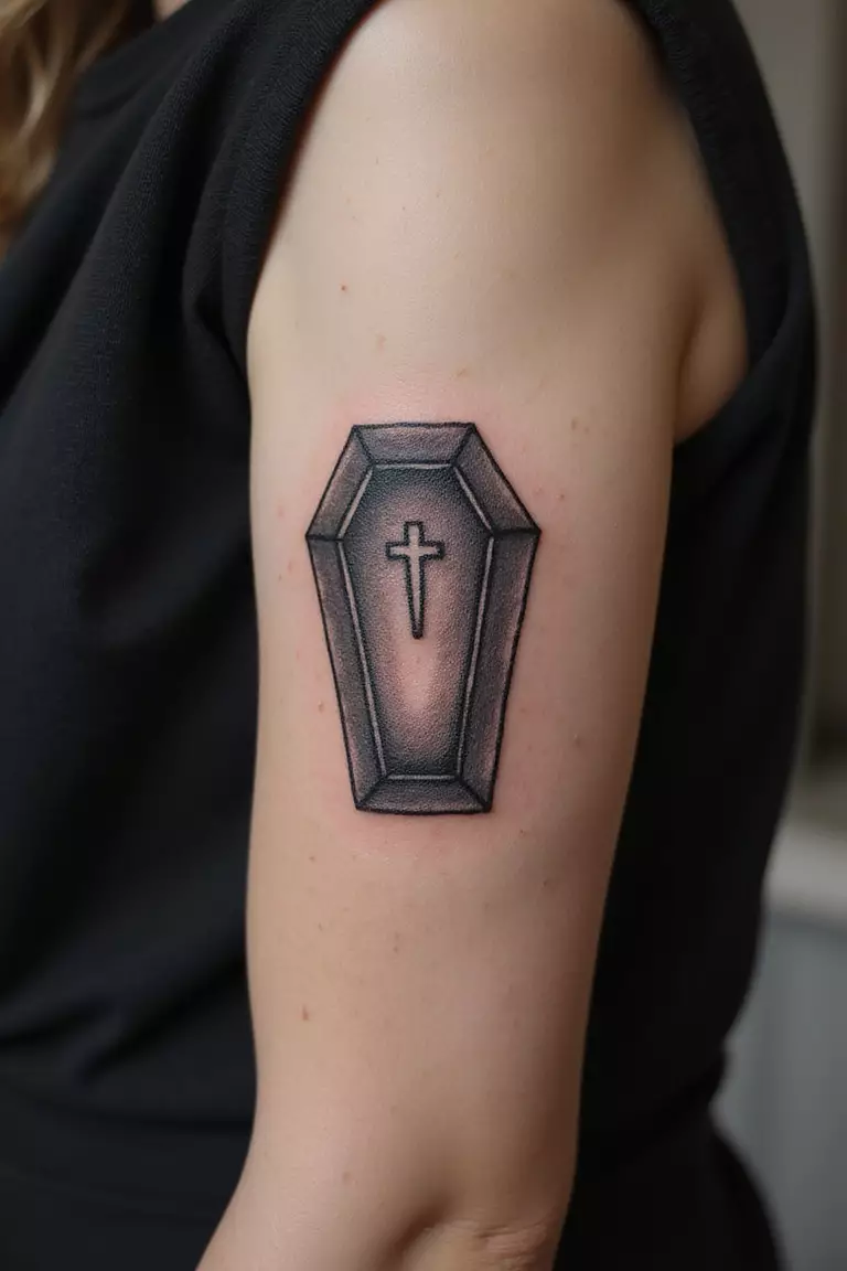 Coffin A close-up shot of a woman's arm with a black ink tattoo of a coffin.