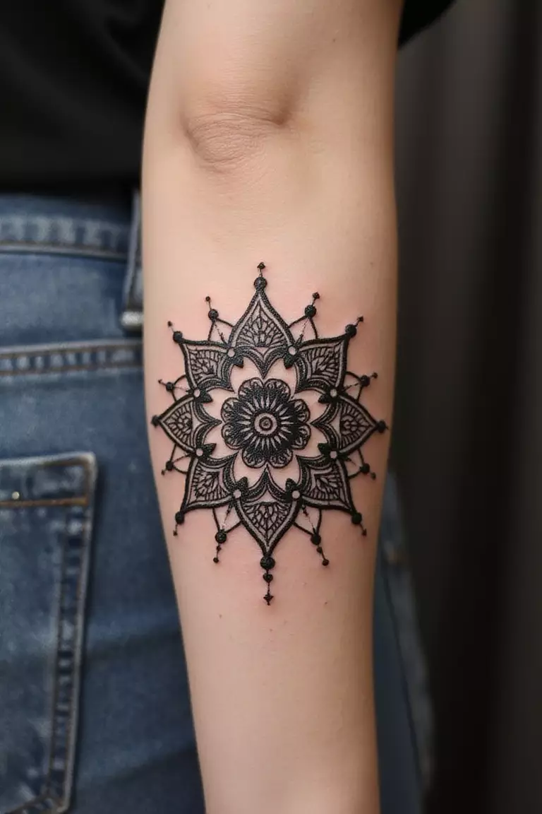 Mandala A close-up shot of a woman's arm with a black ink tattoo of a detailed circular mandala pattern.