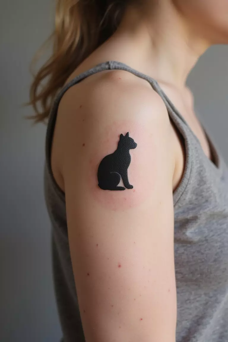 Cat Silhouette A close-up shot of a woman's arm with a black ink tattoo of a simple black silhouette of a sitting cat.