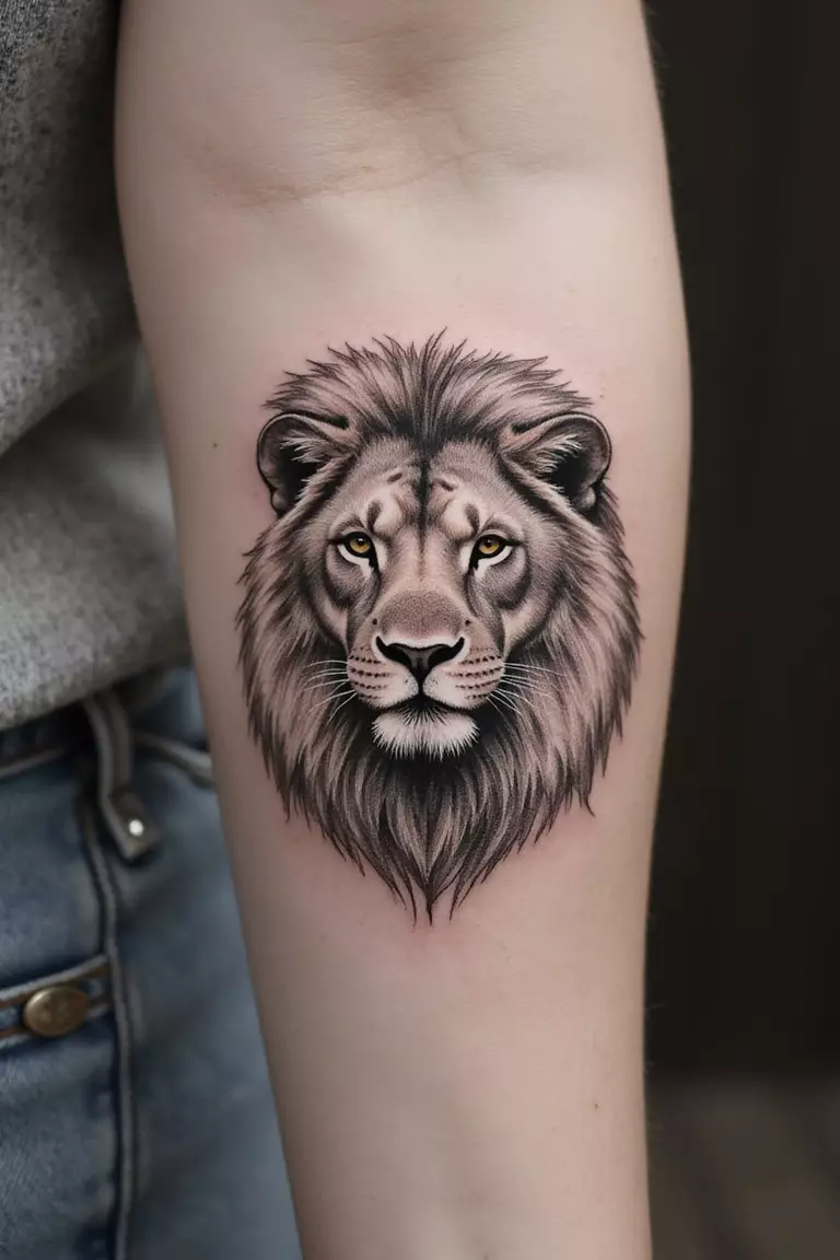Sketch Style Lion Art A close-up shot of a woman's arm with a black ink tattoo of a lion drawn in a rough, artistic sketch style with visible pencil-like lines.