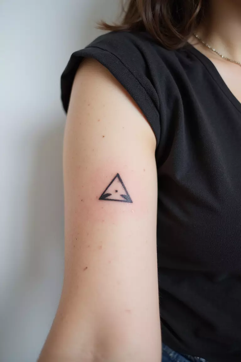 Geometric Shape A close-up shot of a woman's arm with a black ink tattoo of a small, clean triangle.
