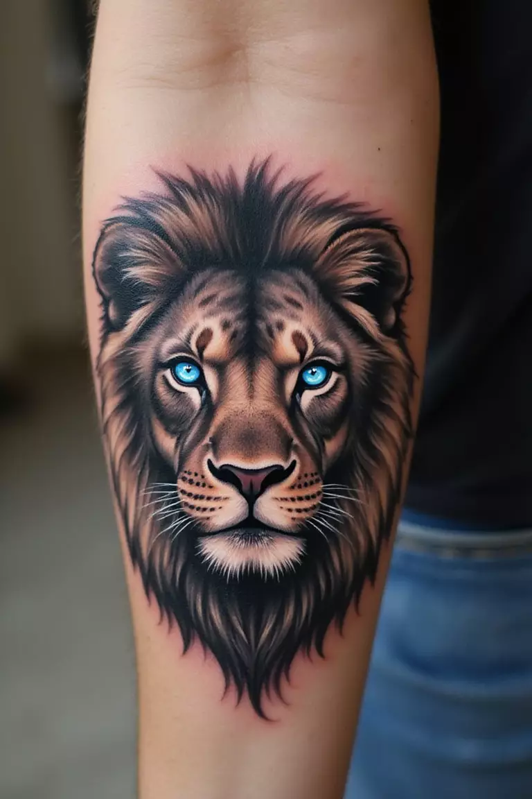 Lion With Jeweled Eyes A close-up shot of a woman's arm with a black ink tattoo of a lion's face with sparkling, jewel-like eyes (e.g., sapphire blue).