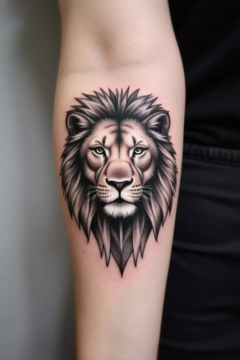 Geometric Lion Design A close-up shot of a woman's arm with a black ink tattoo of a lion's head made from sharp geometric lines and shapes.