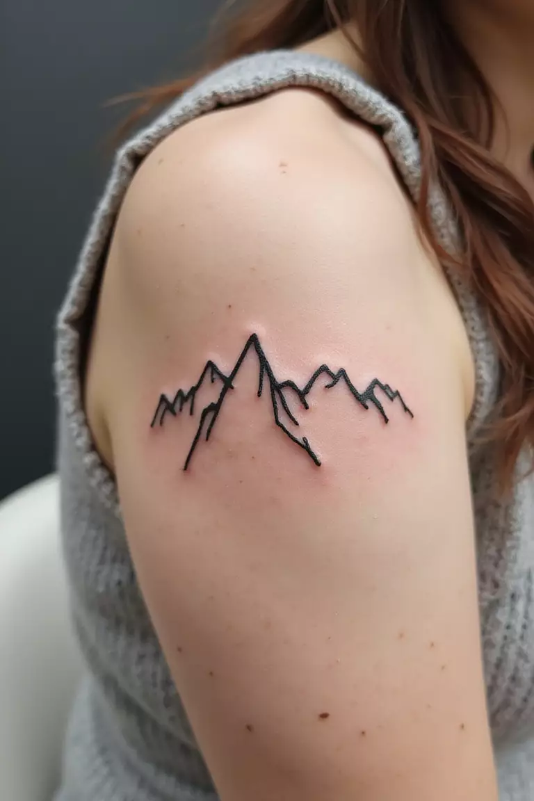 Mountain Outline A close-up shot of a woman's arm with a black ink tattoo of a simple, fine-line mountain range outline.
