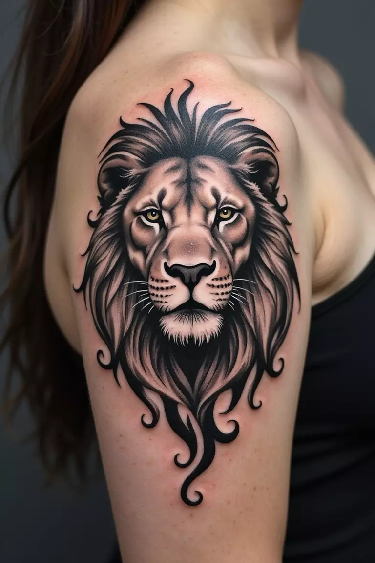 Tribal Pattern Lion A close-up shot of a woman's arm with a black ink tattoo of a lion's head formed by bold tribal patterns and swirls.