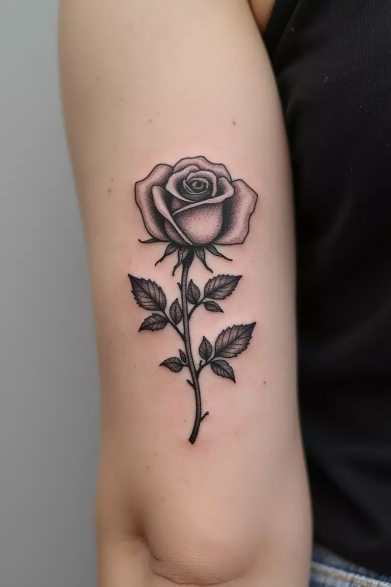 Rose A close-up shot of a woman's arm with a black ink tattoo of a detailed single rose with stem and leaves.