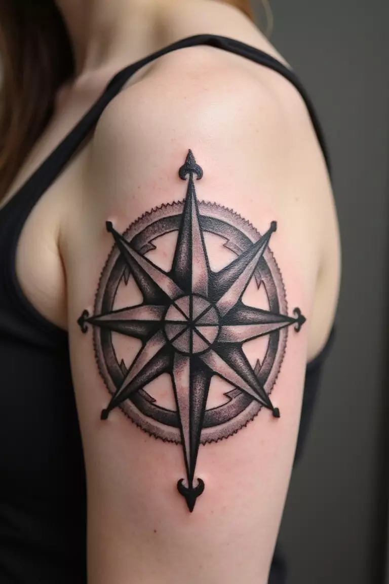 Compass A close-up shot of a woman's arm with a black ink tattoo of a vintage-style compass rose.