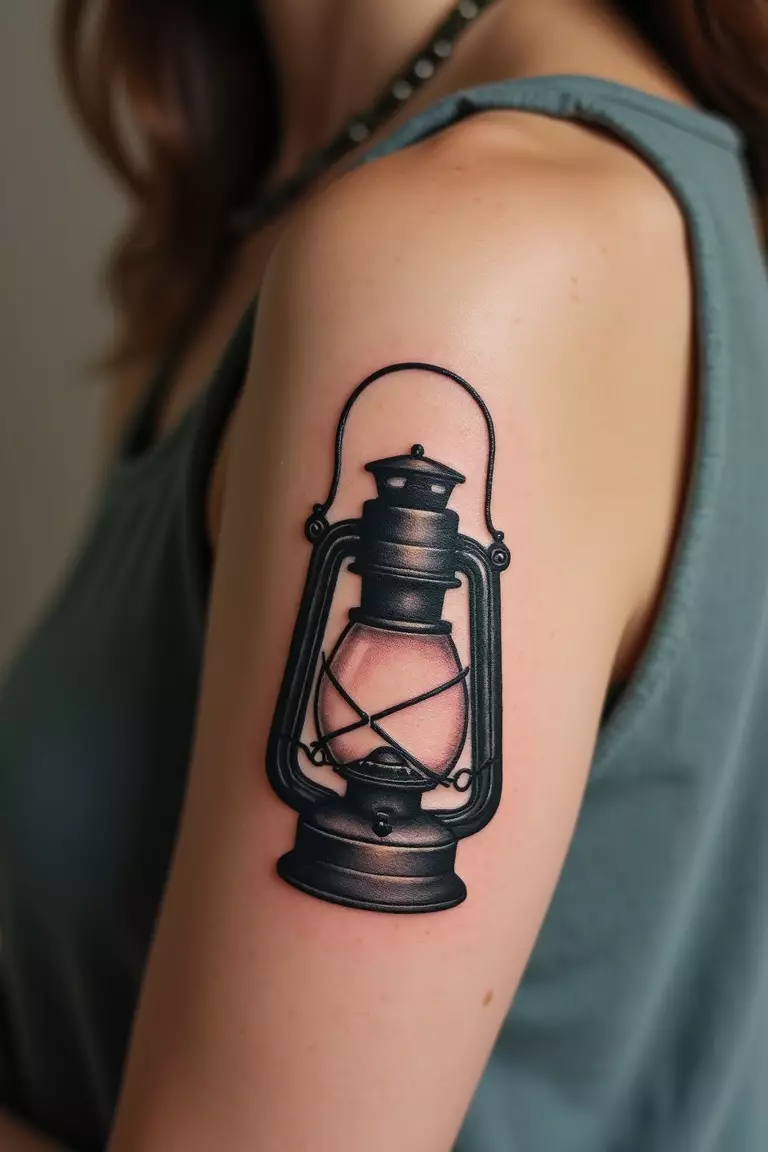 Lighthouse Lantern A close up shot of woman's arm with a black ink lighthouse lantern tattoo