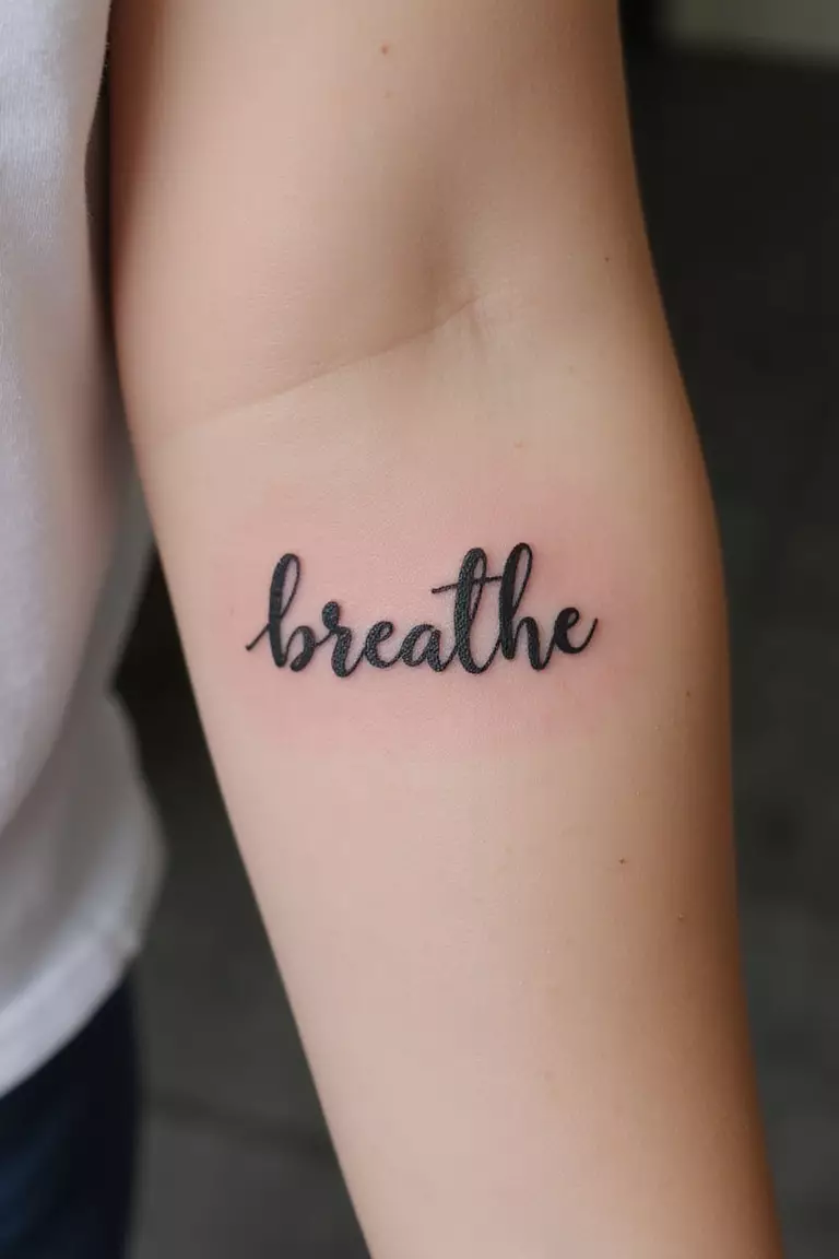 Minimalist Quote A close-up shot of a woman's arm with a black ink tattoo of the words