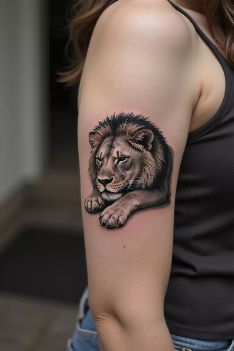 Peaceful Sleeping Lion A close-up shot of a woman's arm with a black ink tattoo of a lion sleeping peacefully, its face serene.
