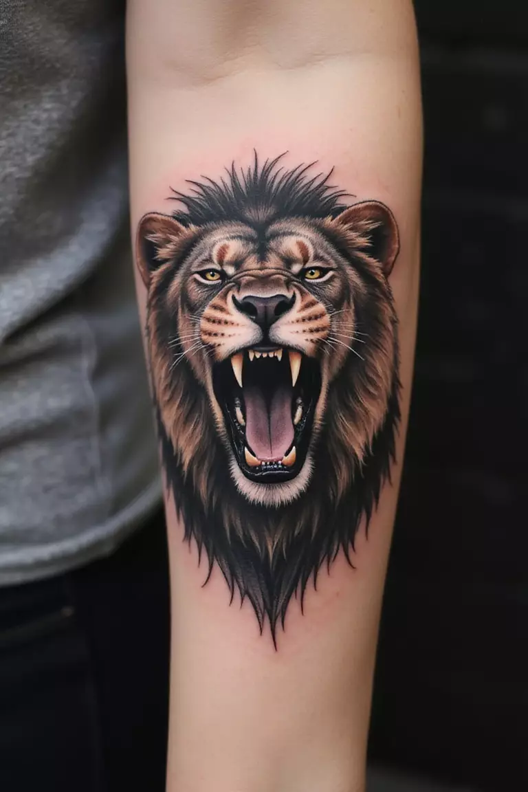 Roaring Lion Head A close-up shot of a woman's arm with a black ink tattoo of a fierce lion caught mid-roar, showing its teeth and strong expression.