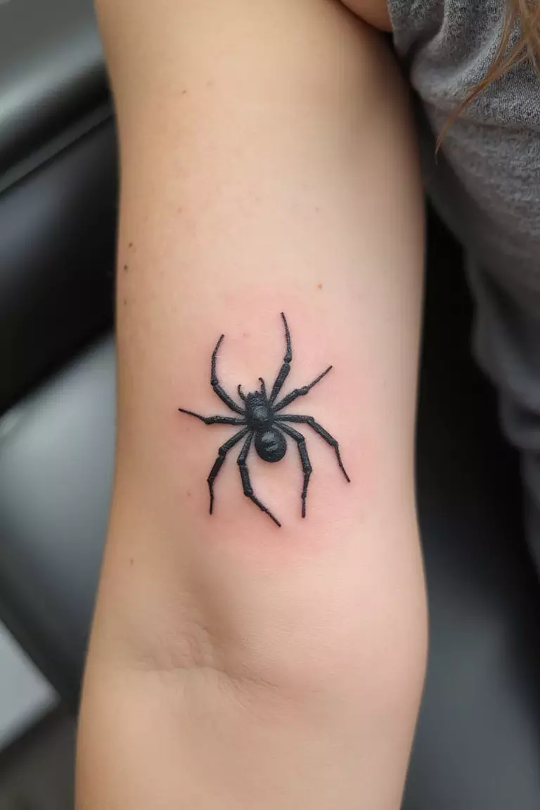 Minimalist Spider A close-up shot of a woman's arm with a black ink tattoo of a small, minimalist spider using only thin, clean lines.