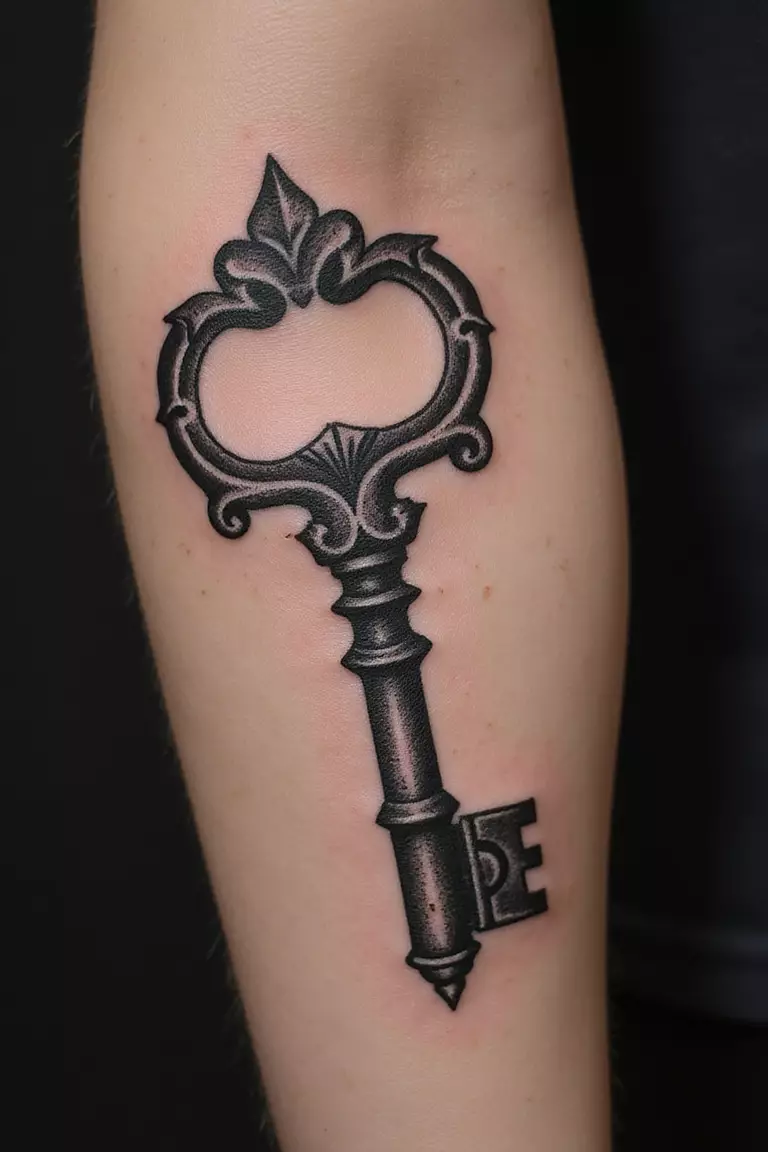 Key A close-up shot of a woman's arm with a black ink tattoo of an ornate vintage skeleton key.