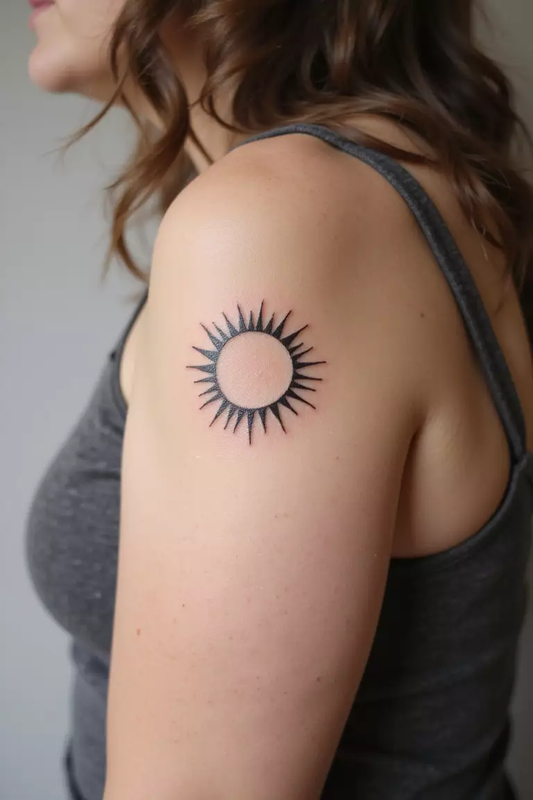 Sun Outline A close-up shot of a woman's arm with a black ink tattoo of a small, simple sun outline with rays.