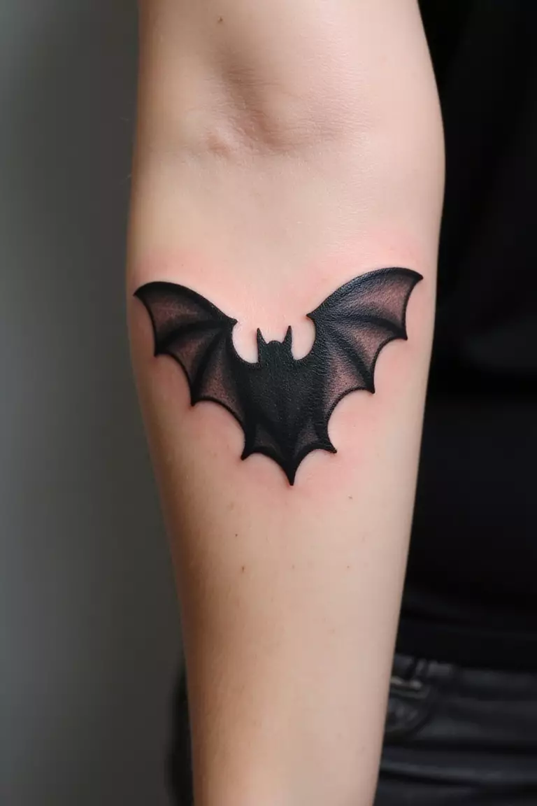 Bat A close-up shot of a woman's arm with a black ink tattoo of a bat.