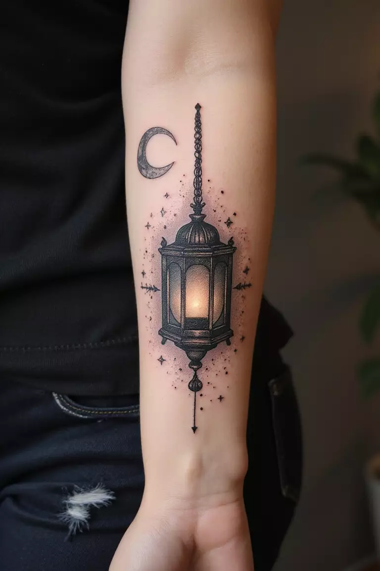Celestial Lantern A close up shot of woman's arm with a black ink celestial lantern tattoo