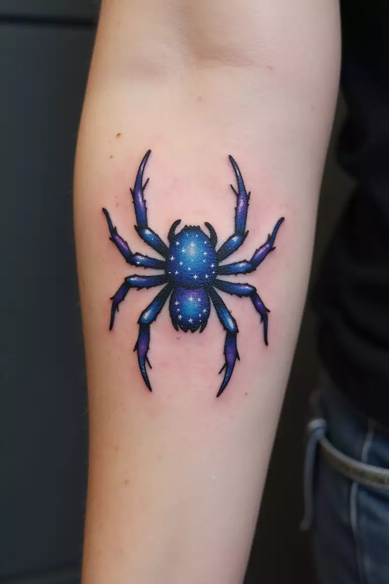 Cosmic Spider A close-up shot of a woman's arm with a deep blue and purple ink tattoo of a spider with tiny white star-like specks on its body, evoking a cosmic feel.