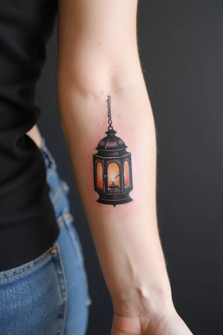 Watercolor Lantern A close up shot of woman's arm with a black ink watercolor lantern tattoo