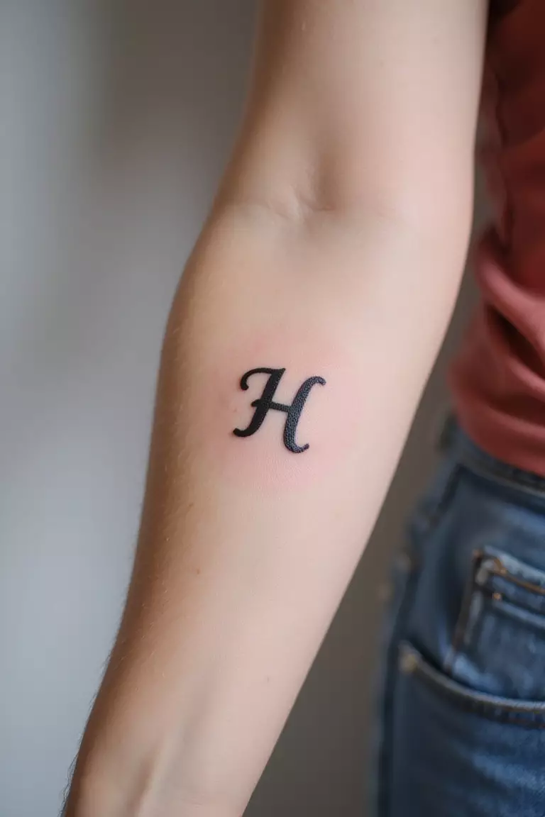 Initial Letter A close-up shot of a woman's arm with a black ink tattoo of a single, simple sans-serif initial letter.