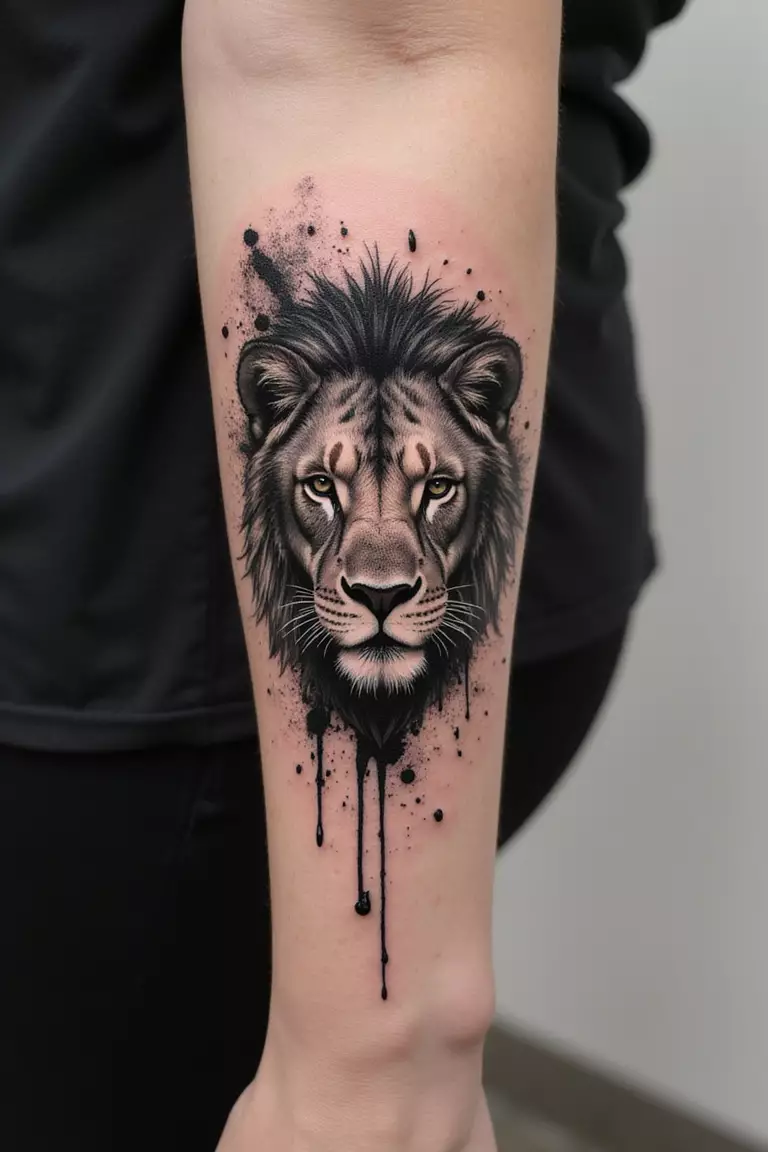 Lion With Abstract Shapes A close-up shot of a woman's arm with a black ink tattoo of a lion's face breaking into abstract splashes and geometric elements.