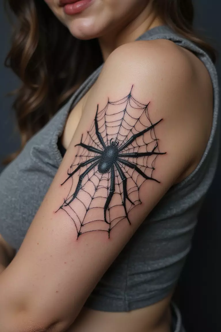 Spiderweb A close-up shot of a woman's arm with a black ink tattoo of a spiderweb.