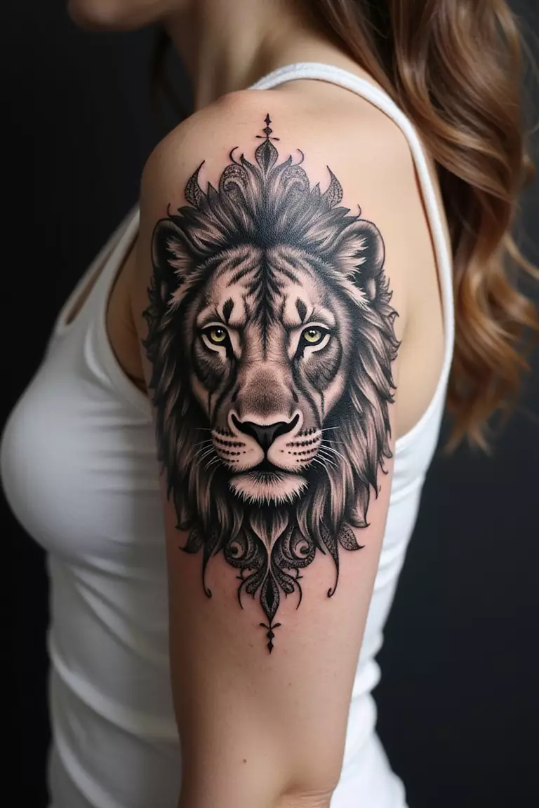 Lion And Mandala Art A close-up shot of a woman's arm with a black ink tattoo of a lion's face merged with intricate mandala patterns.