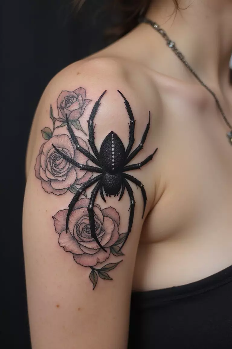 Spider with Flowers A close-up shot of a woman's arm with a black ink tattoo of a spider intertwined with delicate blooming roses.