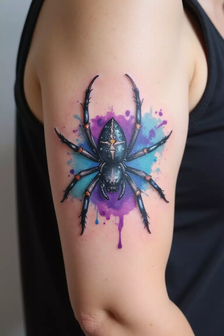 Watercolor Spider A close-up shot of a woman's arm with a colorful watercolor style tattoo of a spider with vibrant splashes of blue and purple ink blending together.