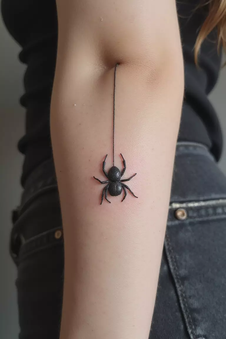 Dangling Spider A close-up shot of a woman's arm with a black ink tattoo of a small spider hanging upside down from a single fine thread.