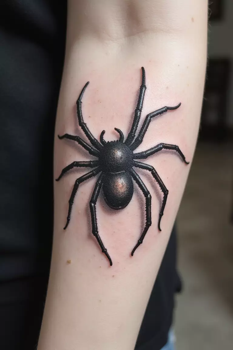 Sketch Style Spider A close-up shot of a woman's arm with a black ink tattoo of a spider drawn in a rough sketch style with visible, dynamic pencil-like lines and imperfections.